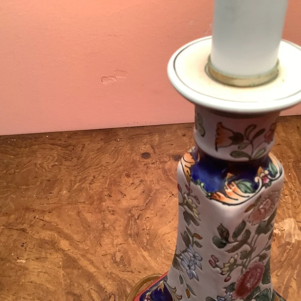 24” Table Lamp Floral Ceramic Wood Base Plain Paper Shade For Restoration